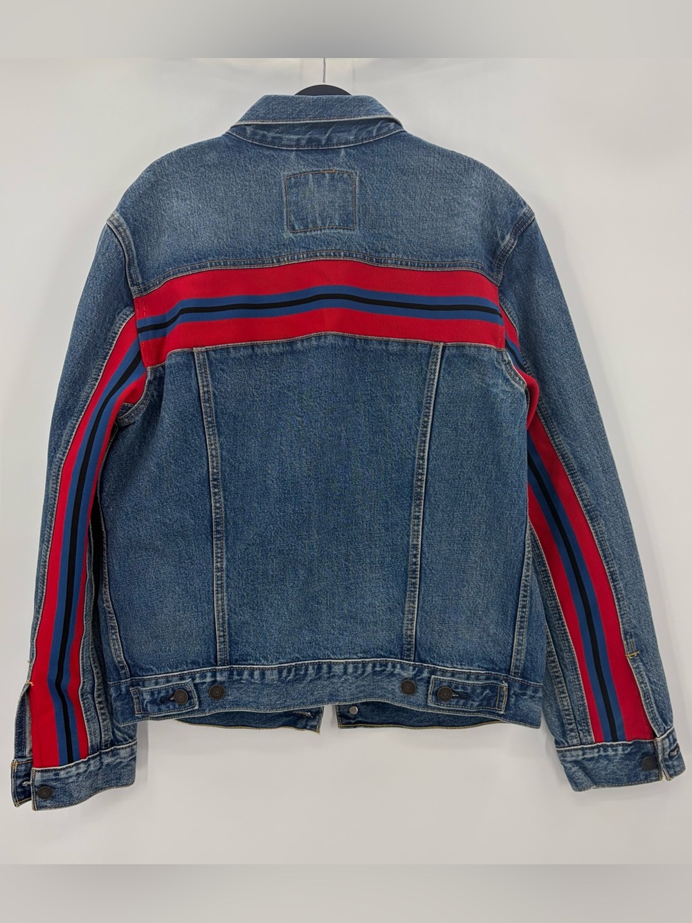 Levi's Jean Panel Denim Trucker Jacket Red Blue Stripe Retro Streetwear Boxy M